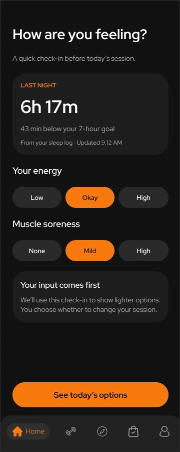 Toneflix pre-workout check-in showing a sleep-log summary and energy and muscle-soreness choices