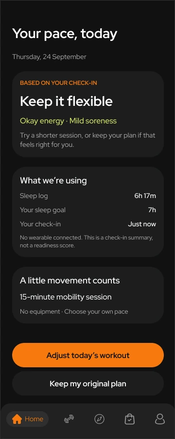 Toneflix check-in summary showing its inputs, a lighter-session option and the choice to keep the original plan