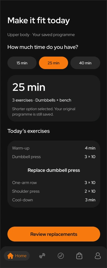 Toneflix flexible workout with duration choices, an exercise list and a replacement action