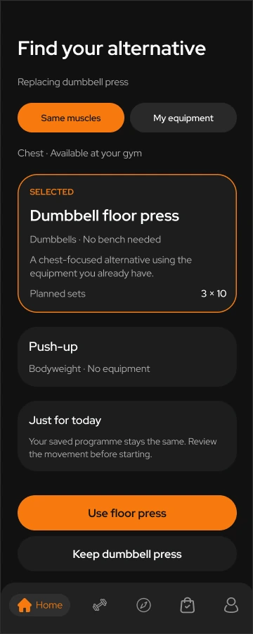Toneflix exercise replacement showing dumbbell floor press and push-up alternatives, with changes limited to today
