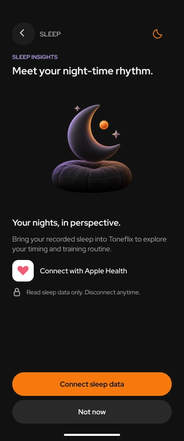 Toneflix sleep connection concept with a moon illustration, Apple Health connection and read-only permission explanation