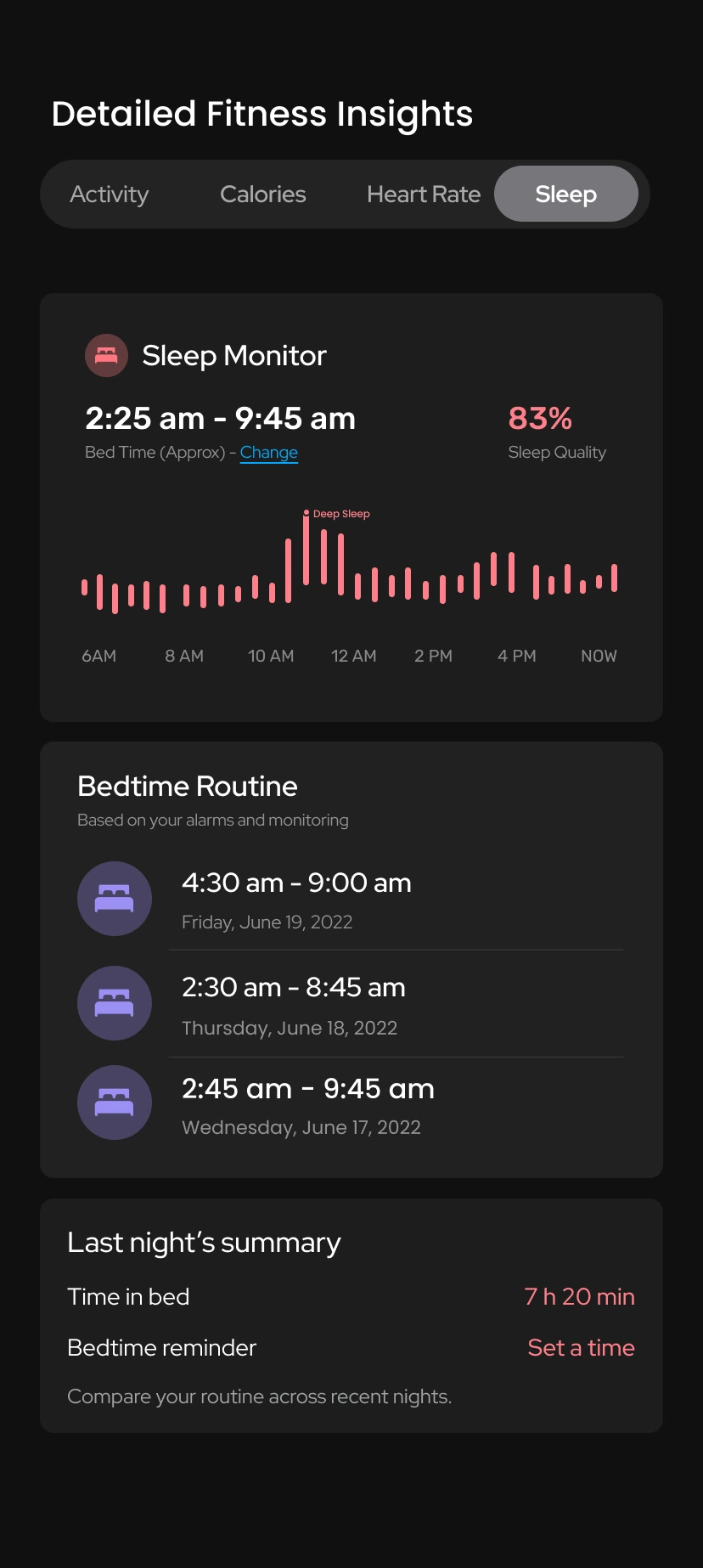 Toneflix sleep concept with monitoring chart, bedtime history and last-night summary