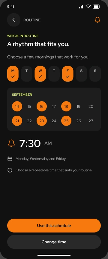 Toneflix weigh-in routine setup with Monday, Wednesday and Friday selected, a calendar preview and a 7:30 AM reminder time