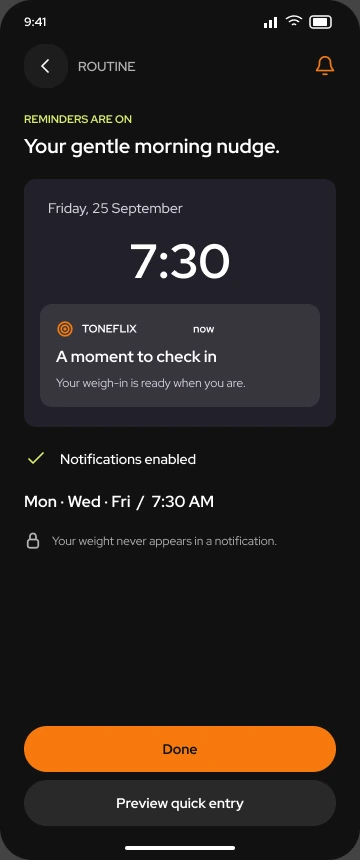 Toneflix reminder confirmation with a private notification preview, enabled status and the selected weekly schedule