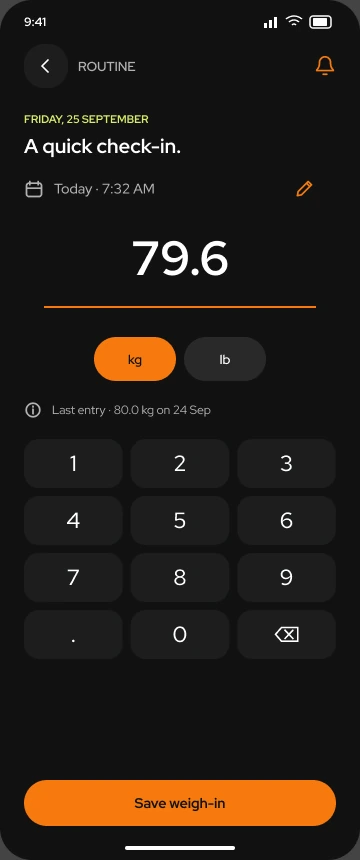 Toneflix quick weigh-in entry with a 79.6 kg sample reading, unit selector, date, numeric keypad and save action