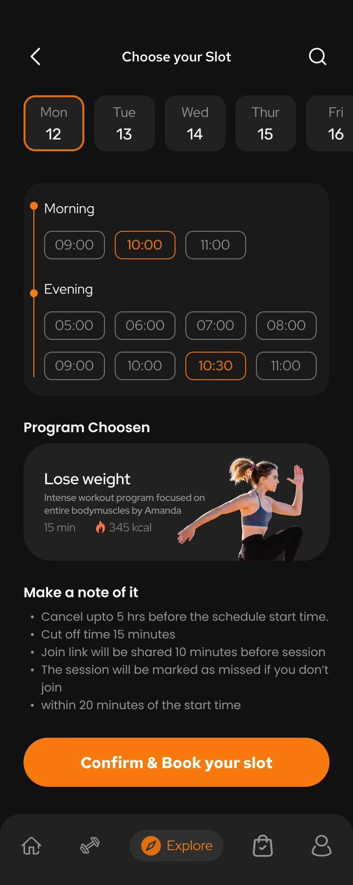 Toneflix session booking concept with date, time slots and chosen programme