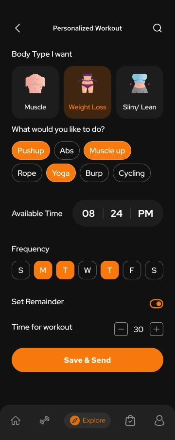 Toneflix workout preferences for goals, exercises, available time, frequency, reminders and duration