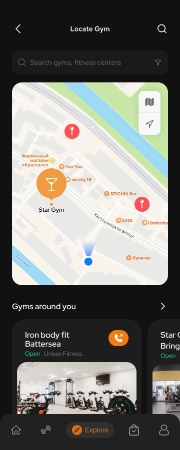 Toneflix gym discovery concept with a map and nearby gym cards