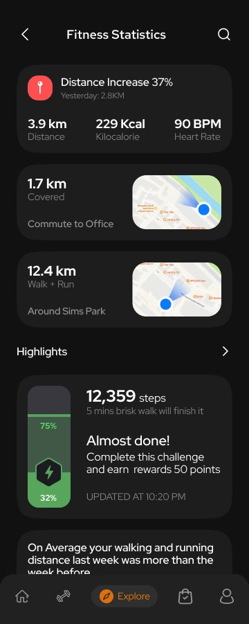 Toneflix activity statistics concept with distance, calories, heart rate, routes and challenge progress